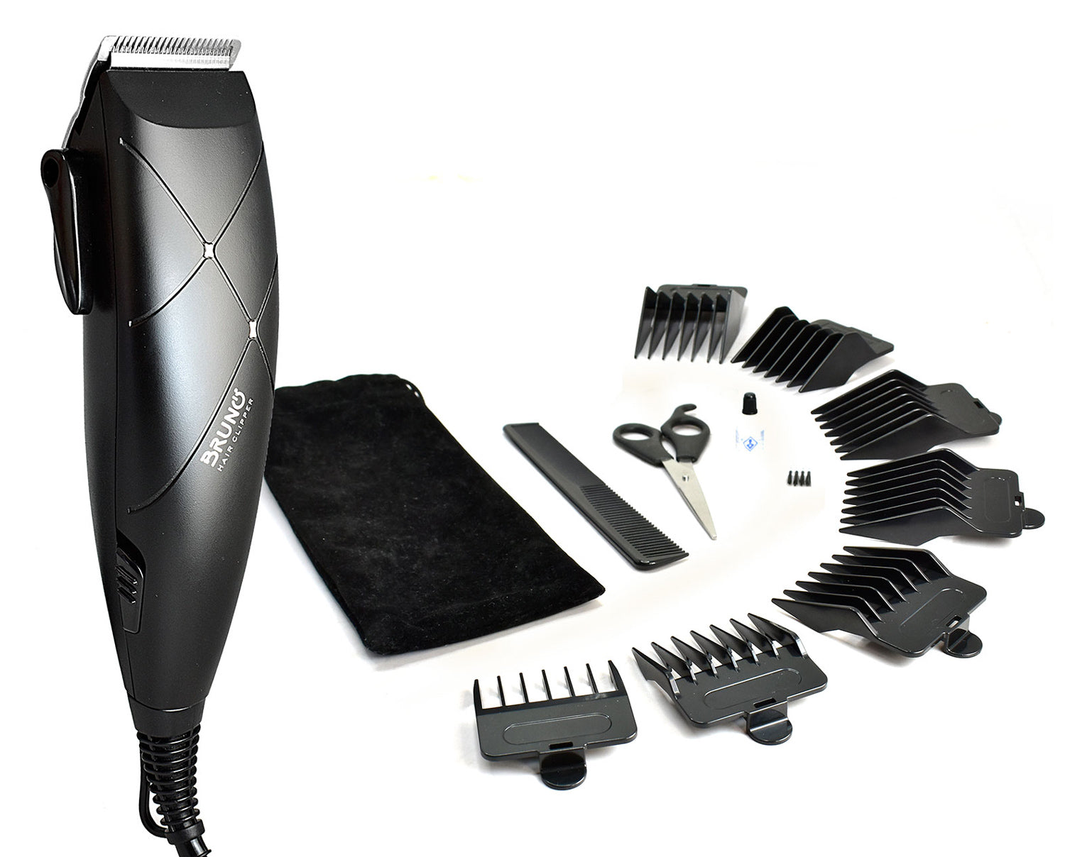 BRUNO BRN-0197 Σετ Κουρευτική Μηχανή Ρεύματος με εξαρτήματα και τσαντάκι, μαύρη