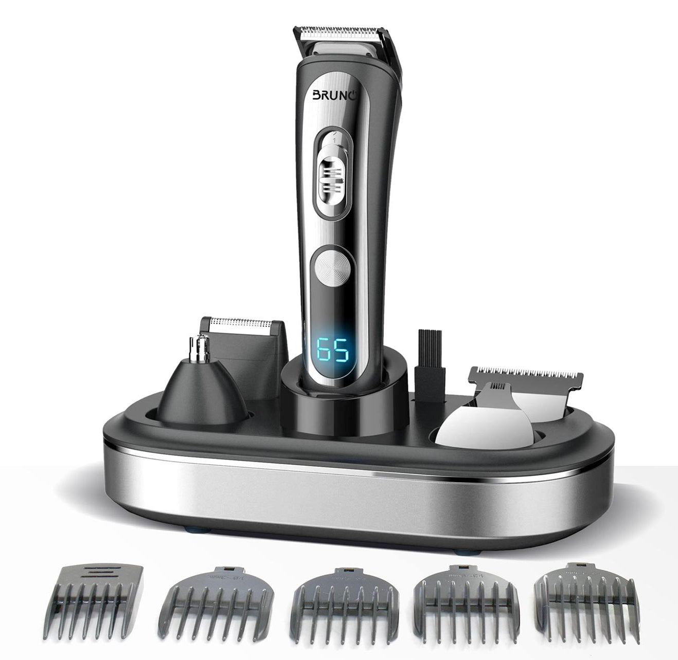 BRUNO BRN-0221 Κουρευτική/Ξυριστική μηχανή 5 σε 1, επαναφορτιζόμενη, ψηφιακή ένδειξη, σετ 16τμχ, black-Inox