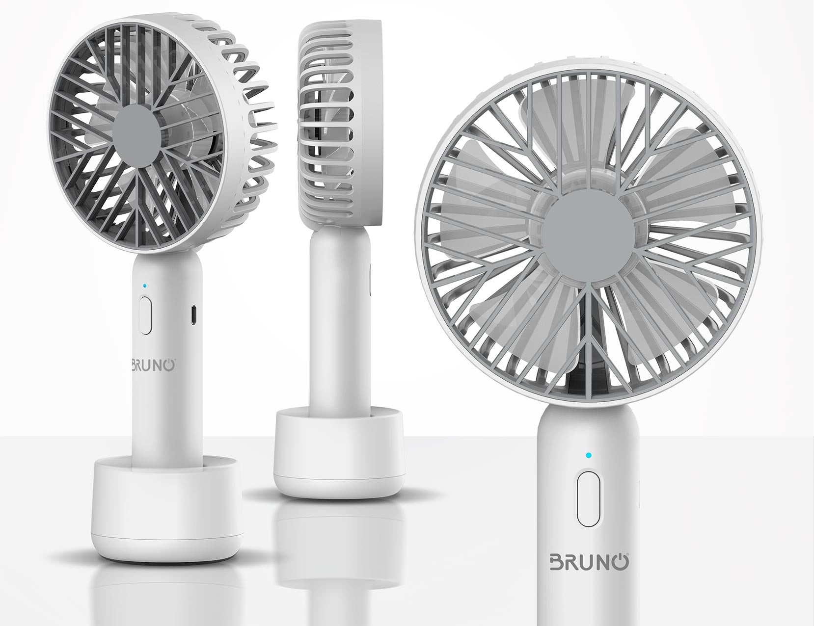BRUNO BRN-0229 Φορητός ανεμιστήρας χειρός επαναφορτιζόμενος, με βάση και λουράκι μεταφοράς, λευκός-γκρί