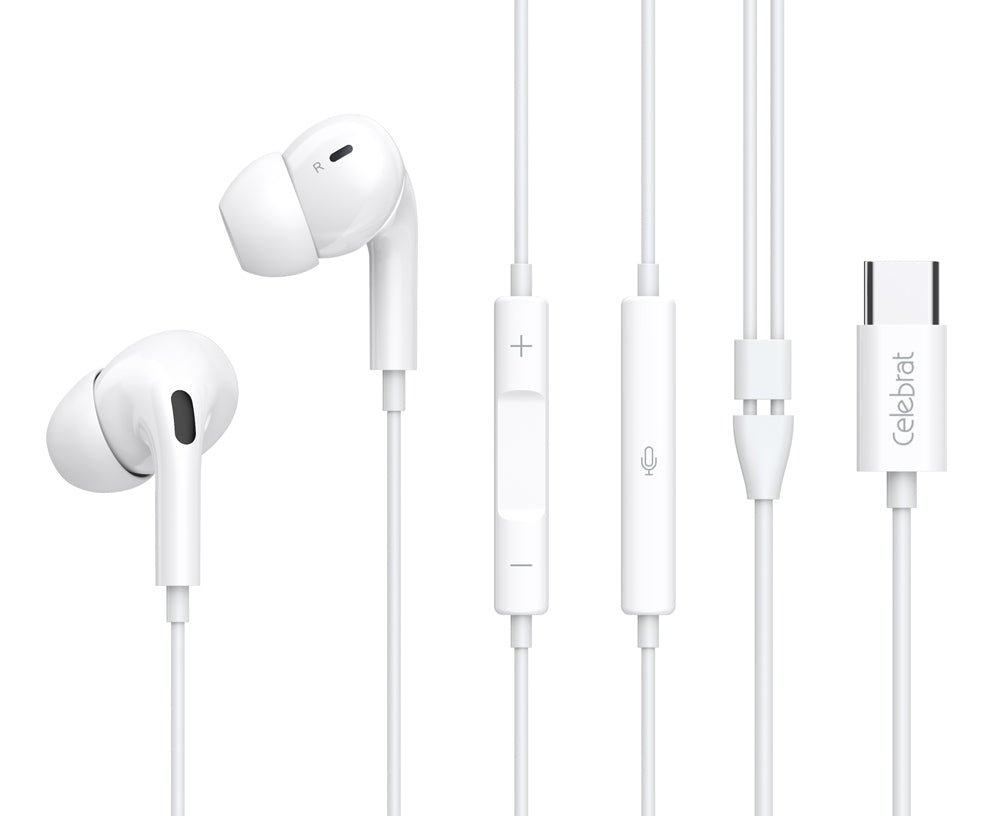 CELEBRAT earphones με μικρόφωνο E300, USB-C σύνδεση, Φ10mm, 1.2m, λευκά